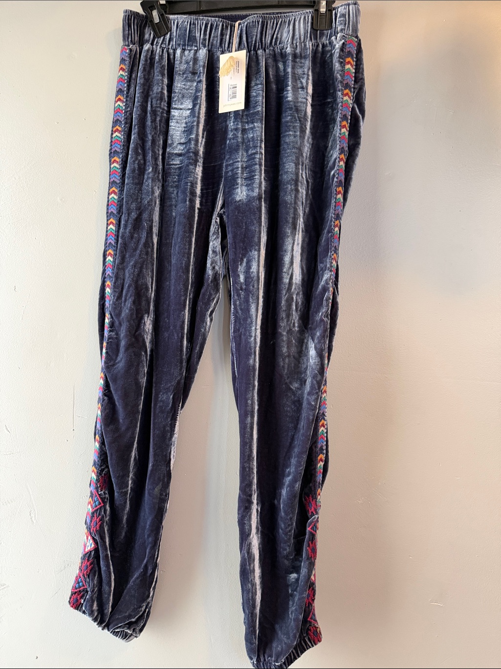 Nwt Johnny Was Navy Velvet Joggers With Multicolor Side Trim